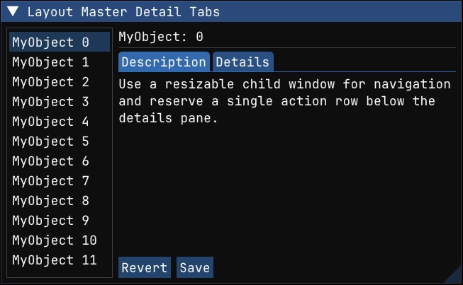 Master-detail layout with tabs
